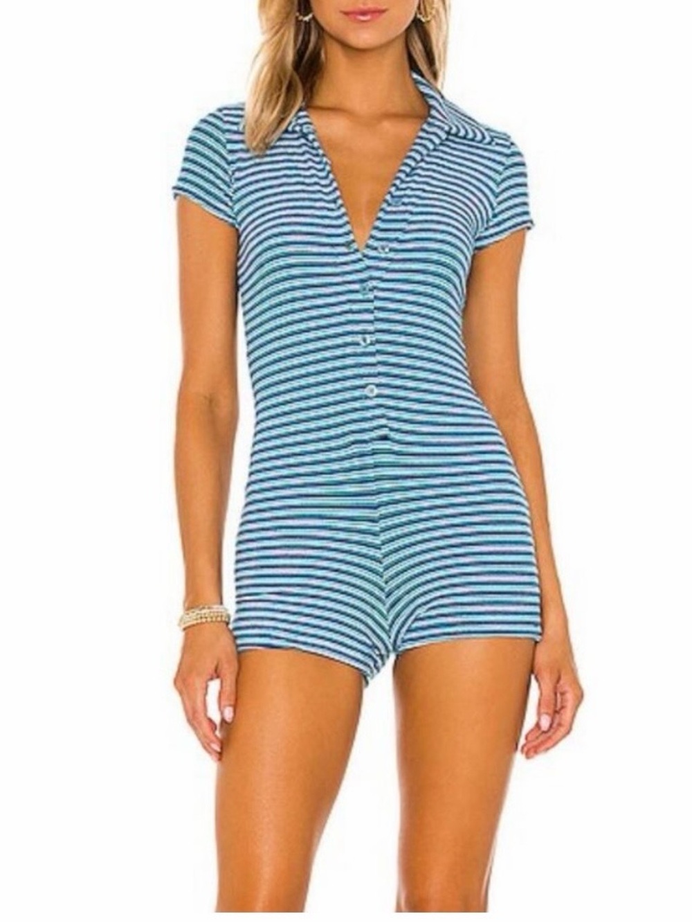 Frankie's Bikinis Blue and White Striped Short Romper Coverup